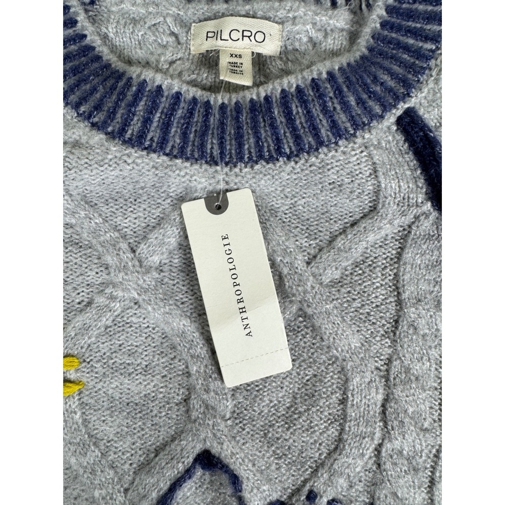 Pilcro Anthropologie Grey Cable Knit Embroidered House Sweater XXS New - Picture 6 of 11